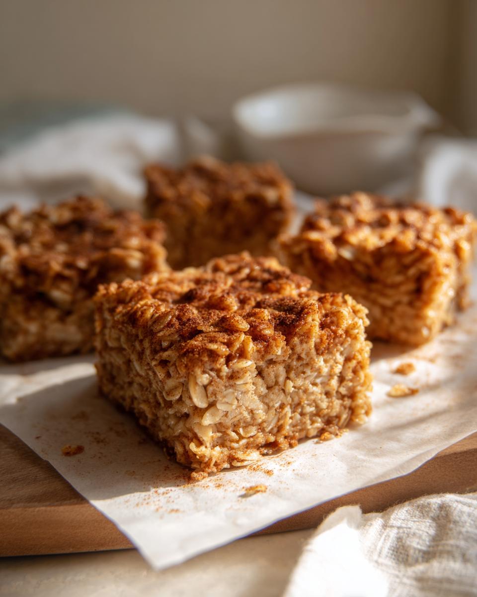 Four squares of apple cinnamon baked oatmeal, dusted with cinnamon, ready for breakfast.