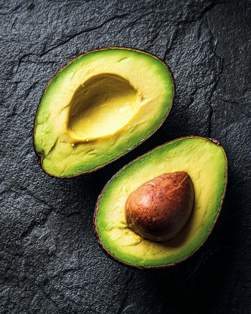 Two halves of a ripe avocado, one with its pit, on a dark textured surface. Perfect for healthy lunch ideas.