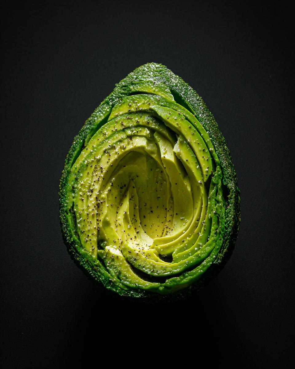 A close-up of a halved avocado, sliced and seasoned with pepper, ready for healthy lunch ideas.