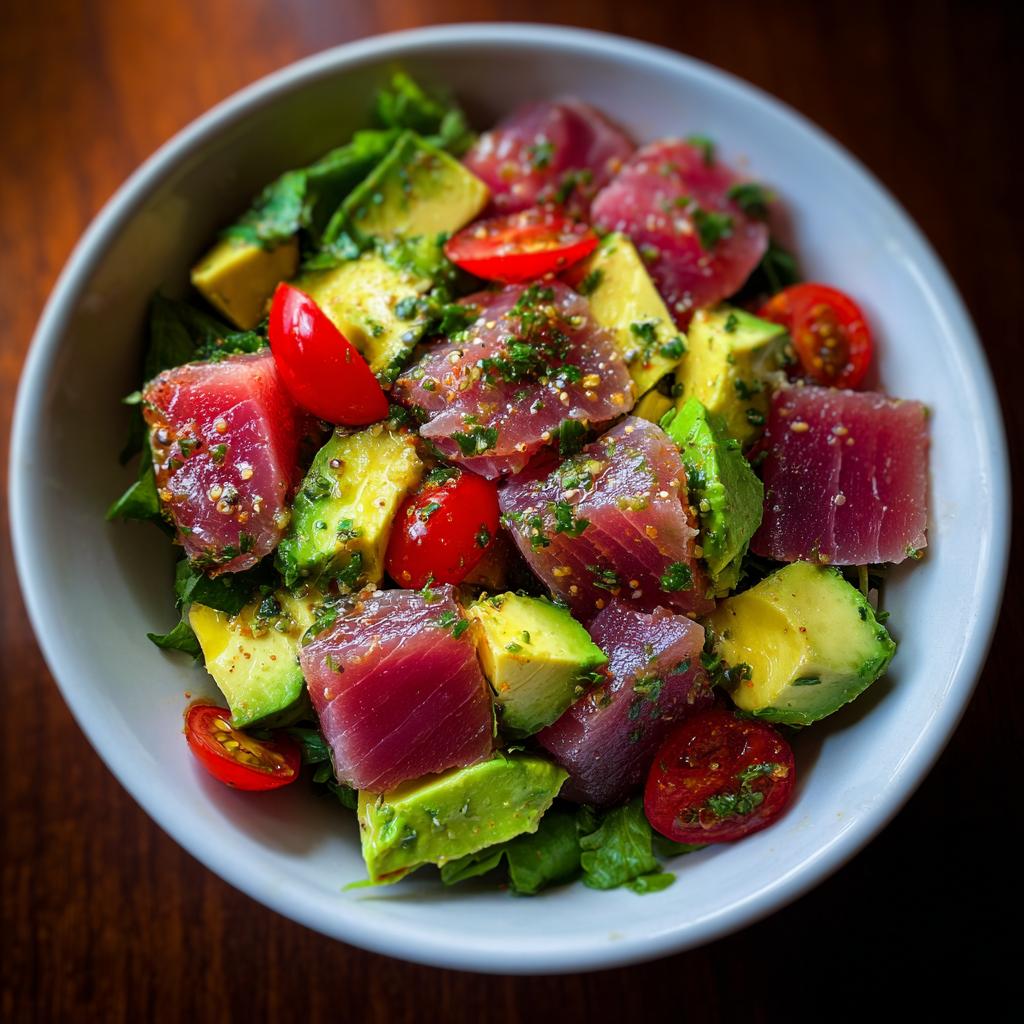 A bowl of avocado tuna salad with fresh tuna cubes, avocado chunks, cherry tomatoes, and greens.