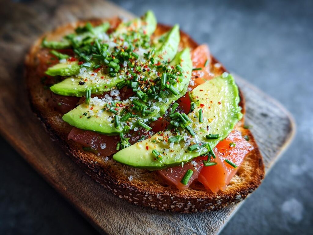Close-up of avocado tuna salad on toast, topped with chives and seasonings, a perfect healthy lunch idea.
