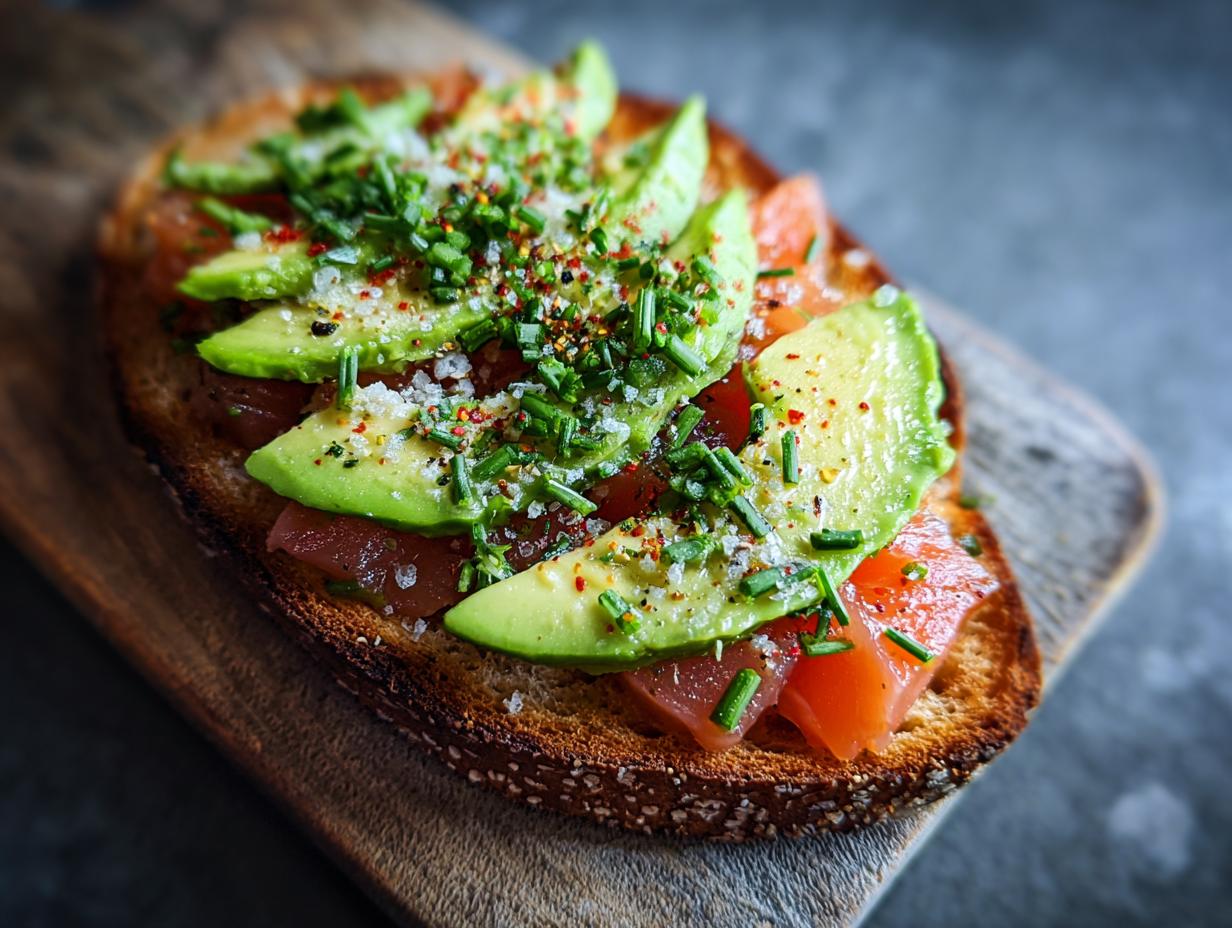 Close-up of avocado tuna salad on toast, topped with chives and seasonings, a perfect healthy lunch idea.