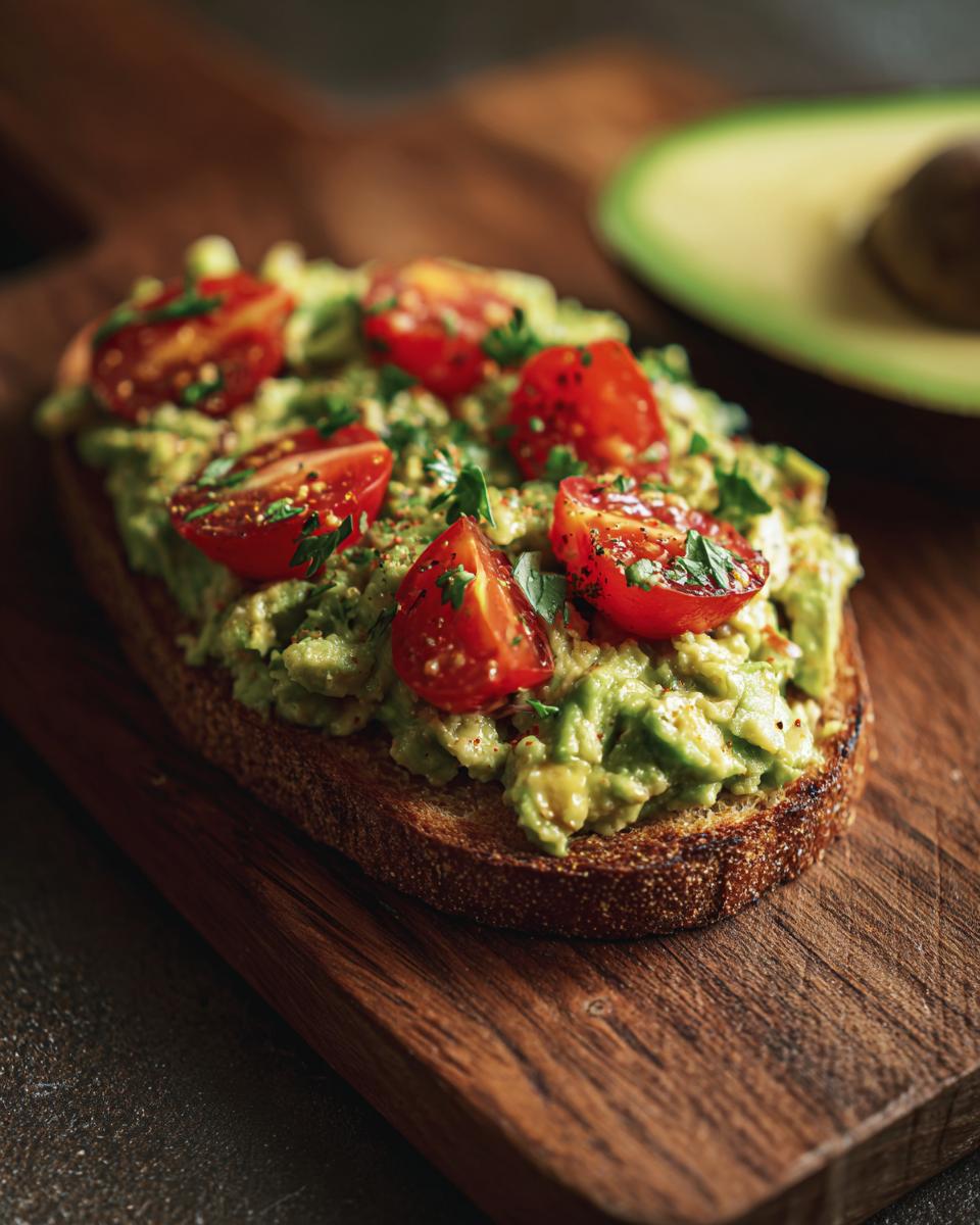 A slice of toast topped with creamy avocado tuna salad and halved cherry tomatoes, sprinkled with parsley.