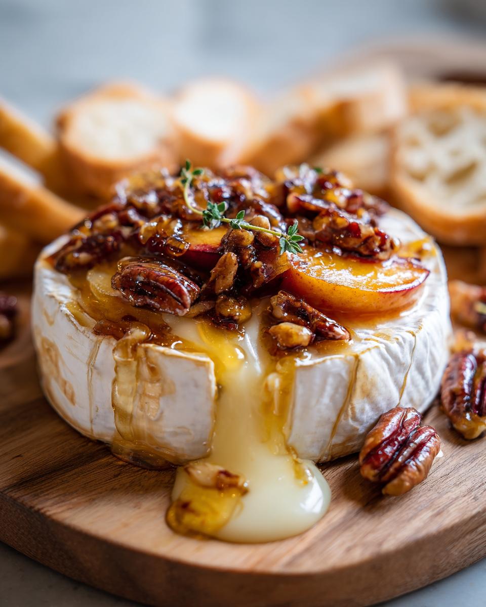 Melted baked brie topped with peaches, toasted pecans, and thyme, served with baguette slices.
