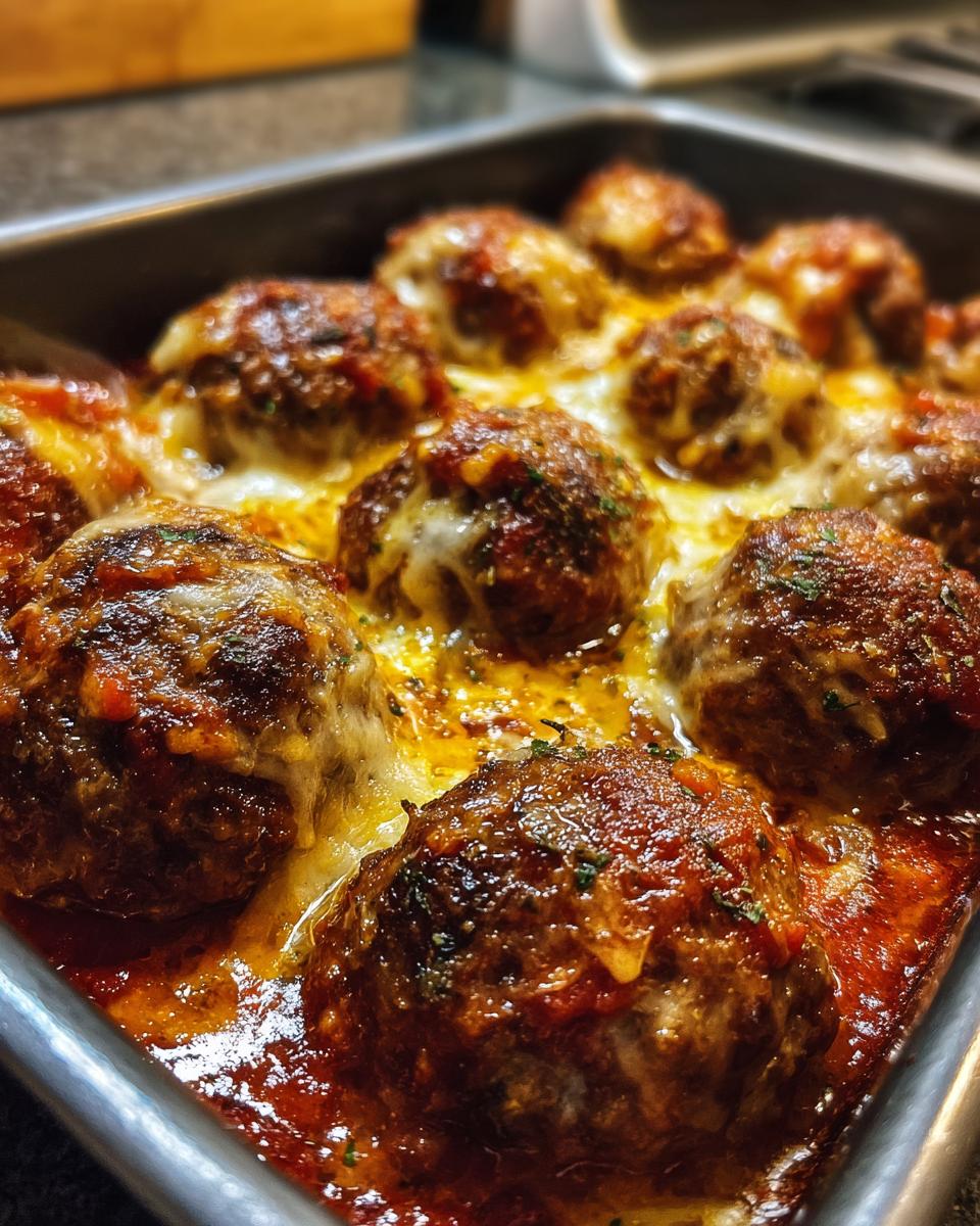 Close-up of baked meatballs covered in marinara sauce and melted cheese, perfect for easy dinner recipes.