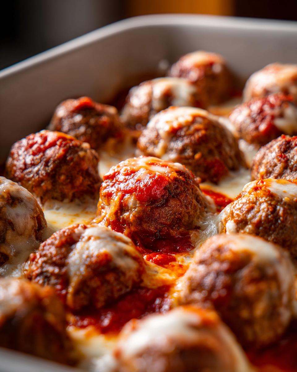 Close-up of baked meatballs covered in marinara sauce and melted cheese in a baking dish.