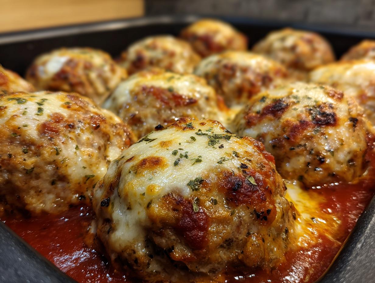 Close-up of baked meatballs topped with melted cheese and herbs, simmering in tomato sauce.