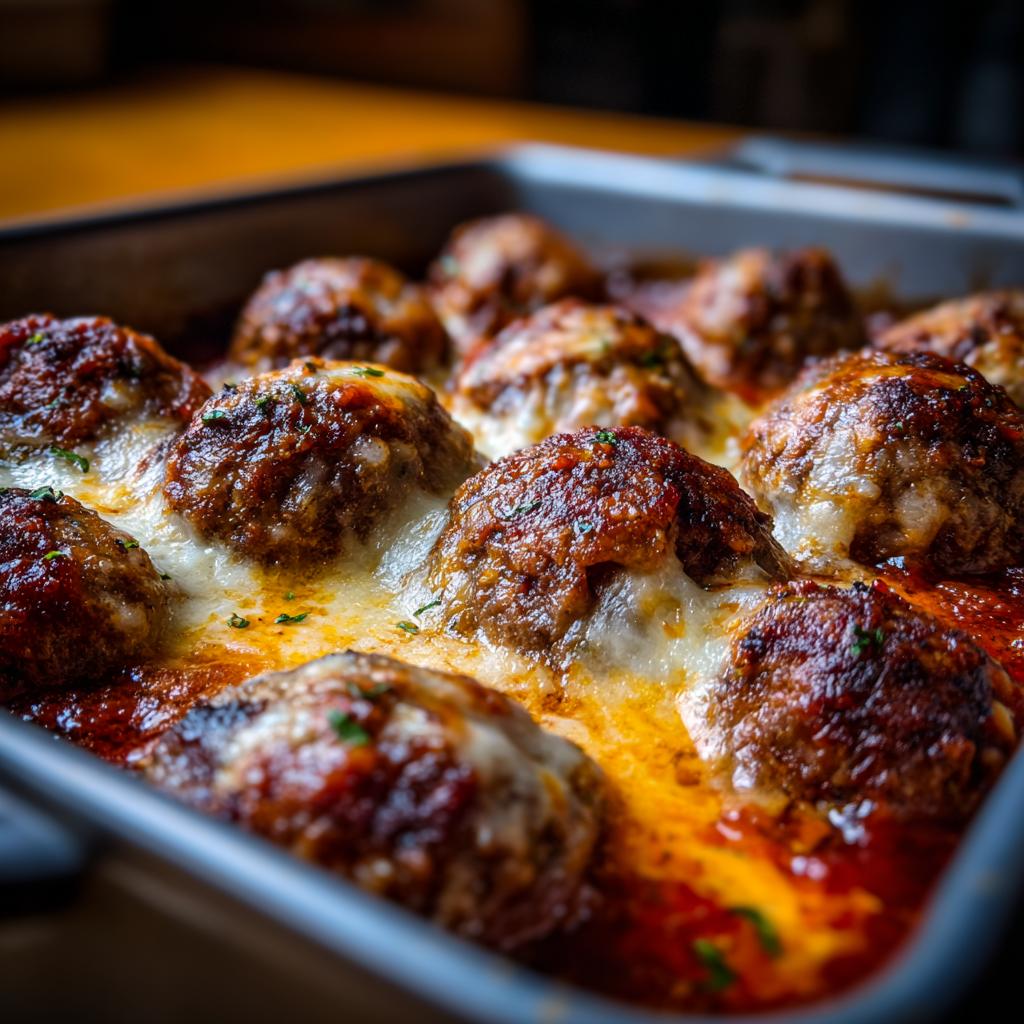 Close-up of baked meatballs covered in melted cheese and tomato sauce, perfect for easy dinner recipes.