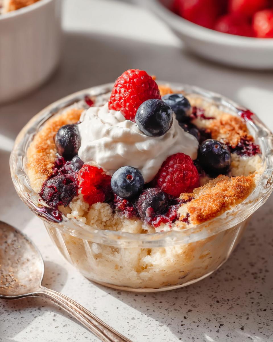 A fluffy baked protein bowl topped with whipped cream, fresh raspberries, and blueberries.