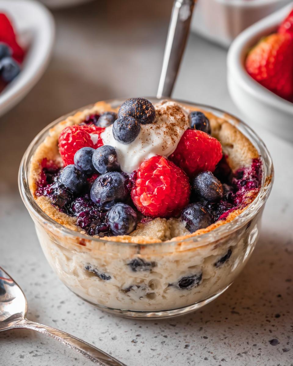 Close-up of a fluffy baked protein bowl topped with fresh raspberries, blueberries, and a dollop of whipped cream.