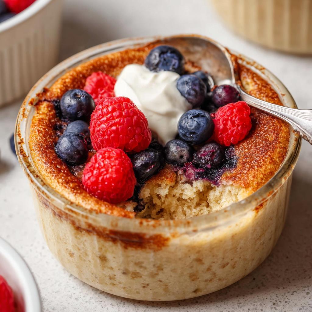 A fluffy baked protein bowl topped with fresh raspberries, blueberries, and a dollop of cream.