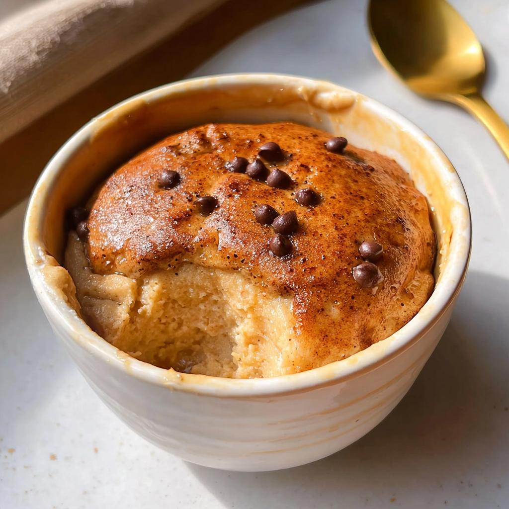A close-up of a baked protein pancake bowl topped with chocolate chips and a bite taken out.