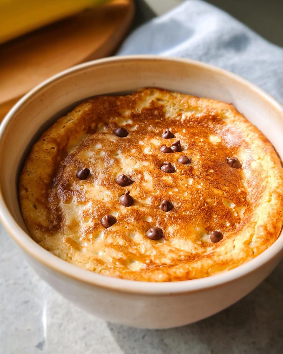 A close-up of a golden-brown baked protein pancake bowl topped with mini chocolate chips.