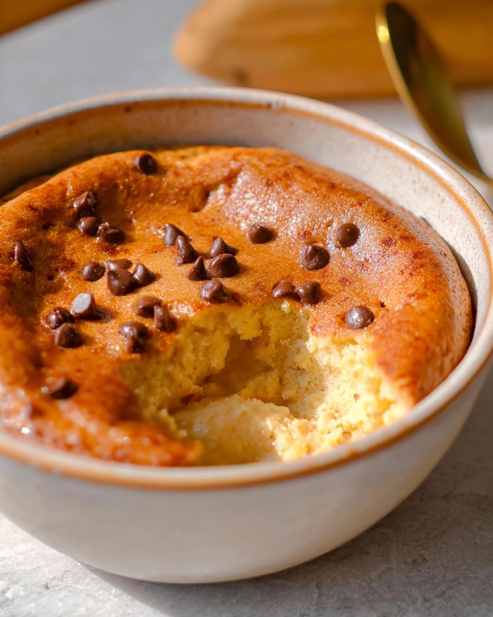 A close-up of a baked protein pancake bowl topped with chocolate chips, with a bite taken out.