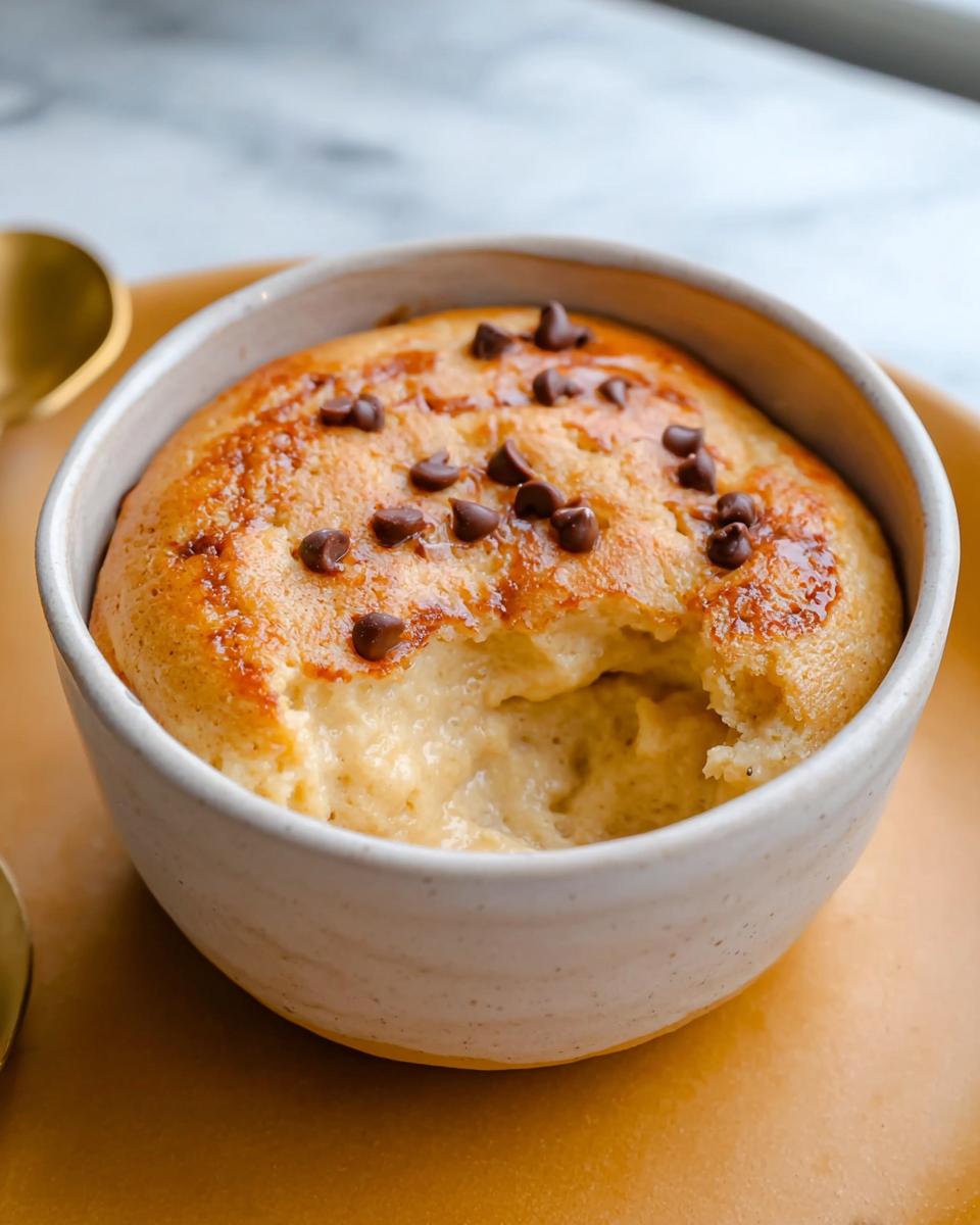 A single serving of a baked protein pancake bowl topped with chocolate chips, with a bite taken out.