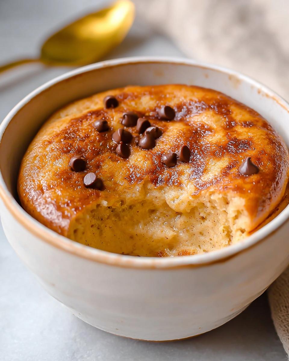 Close-up of a baked protein pancake bowl topped with chocolate chips, with a bite taken out.