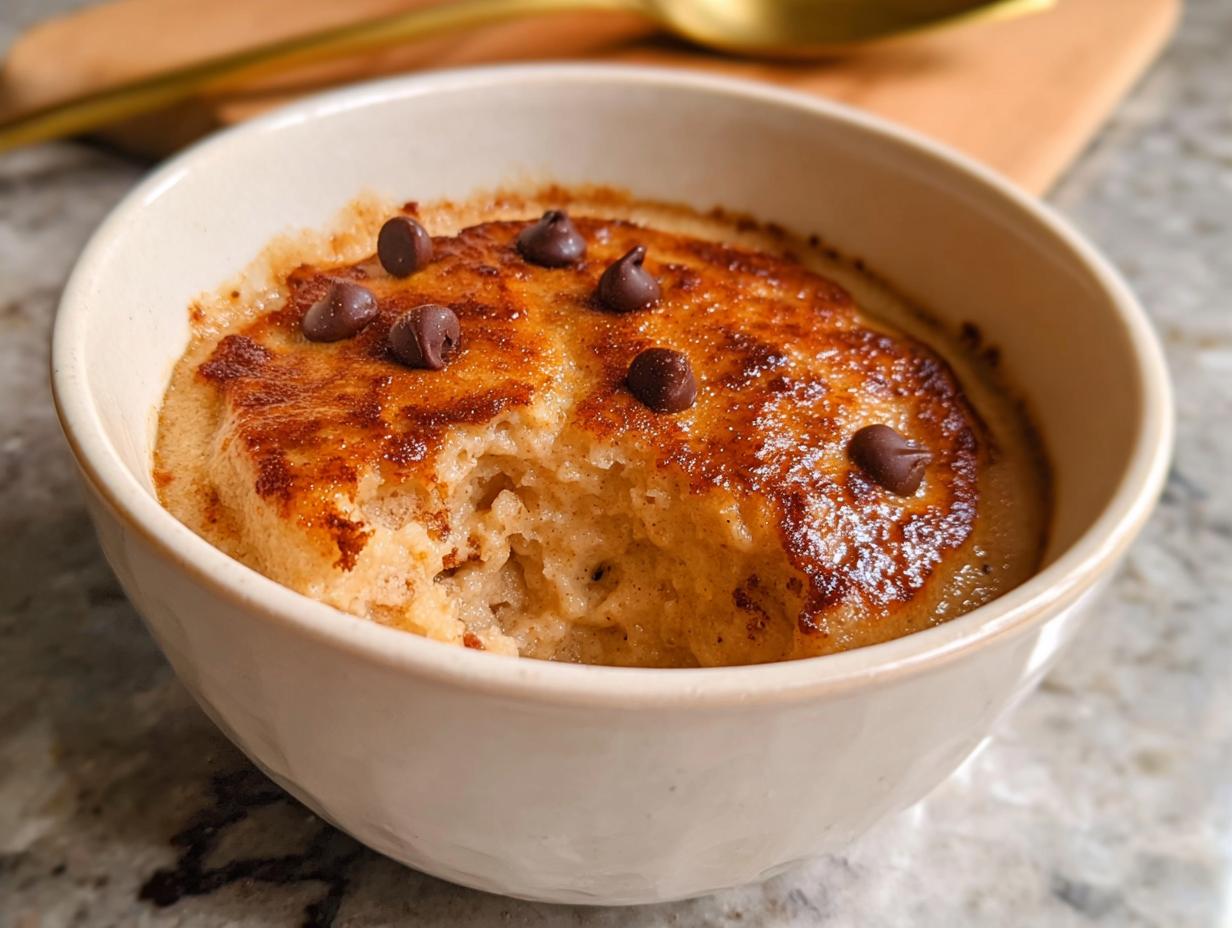 A close-up of a baked protein pancake bowl topped with chocolate chips, with a bite taken out.