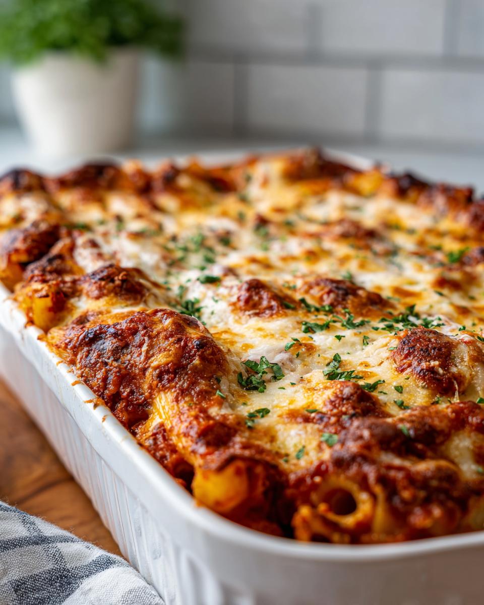 A close-up of a freshly baked ziti pasta dish with three cheeses, bubbling and topped with parsley.
