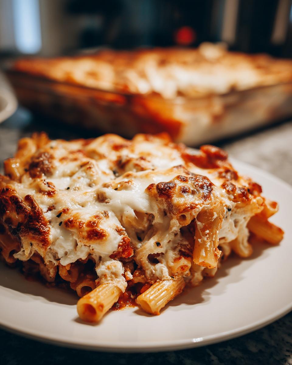 A generous serving of baked ziti with three cheeses, featuring rigatoni pasta, rich tomato sauce, and melted, bubbly cheese.