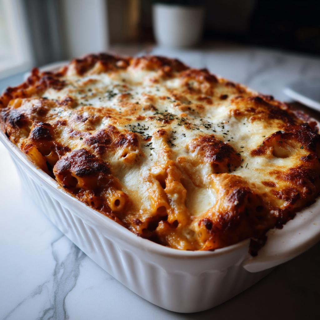 Close-up of a bubbling baked ziti with three cheeses, golden brown and topped with herbs.