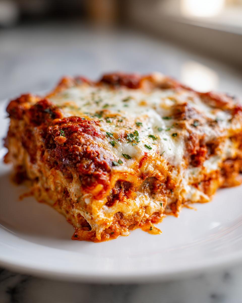 A delicious slice of baked ziti with three cheeses, topped with melted cheese and parsley.