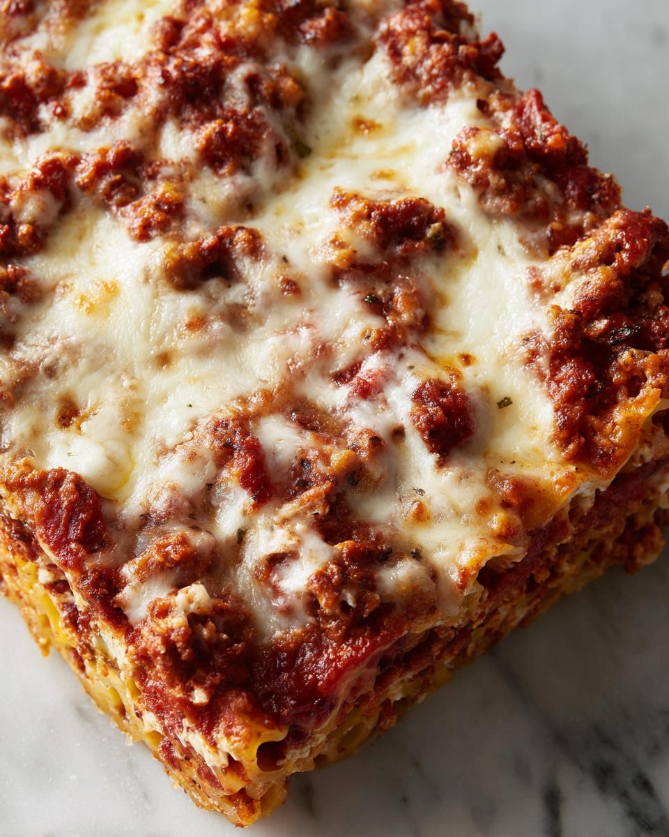 A close-up of a slice of baked ziti with three cheeses, showing layers of pasta, rich tomato sauce, and melted cheese.