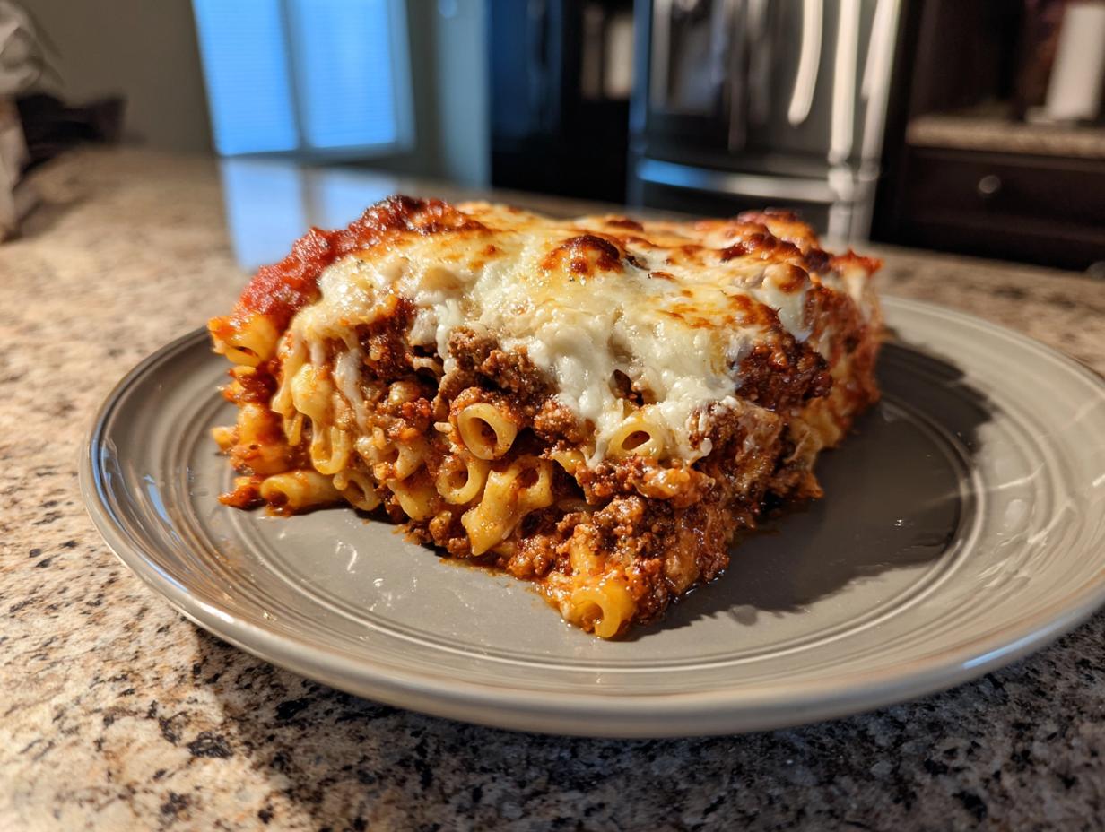 A hearty slice of baked ziti with three cheeses, featuring pasta tubes, rich meat sauce, and melted mozzarella.