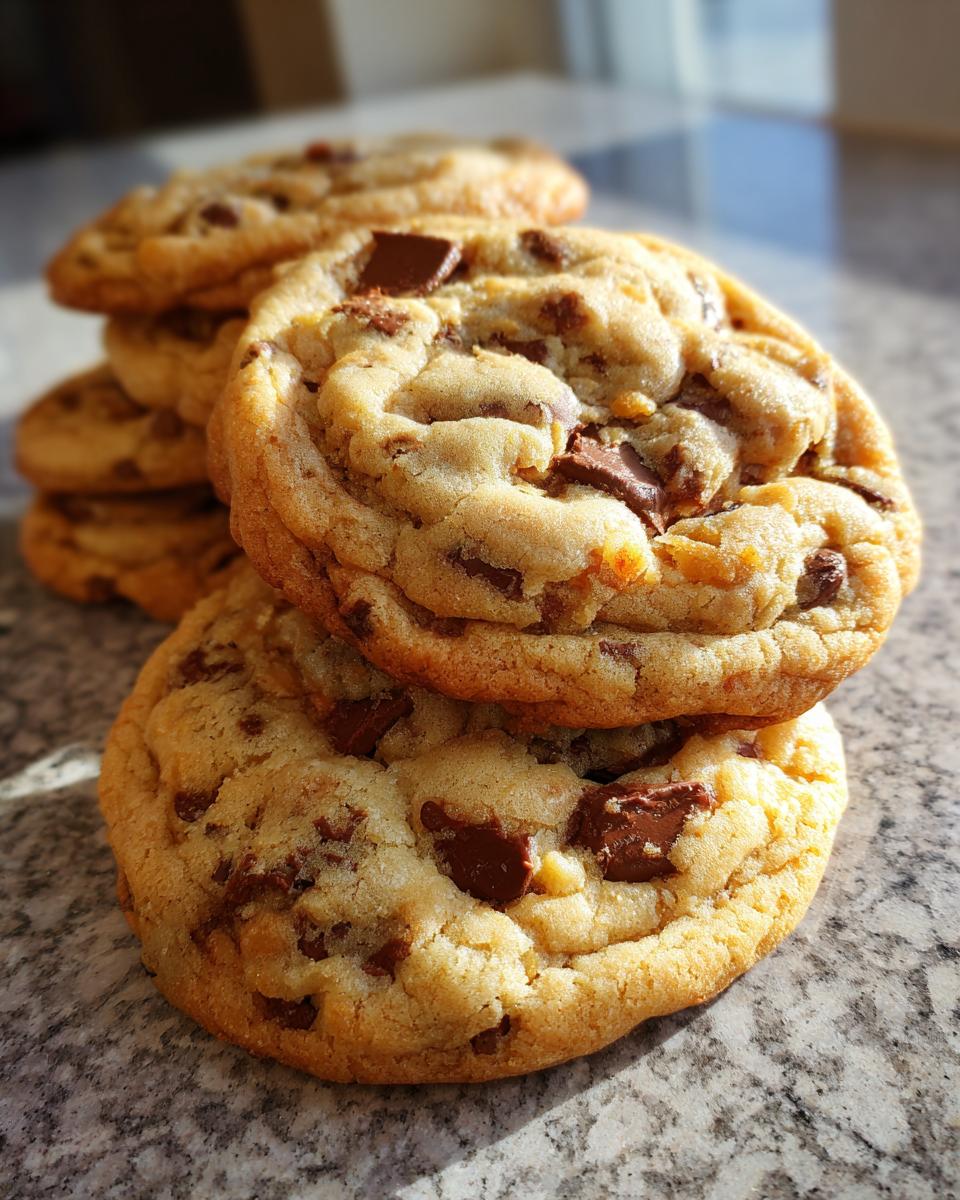 A stack of bakery fresh brown butter chocolate chip cookies, with chunks of dark chocolate visible.