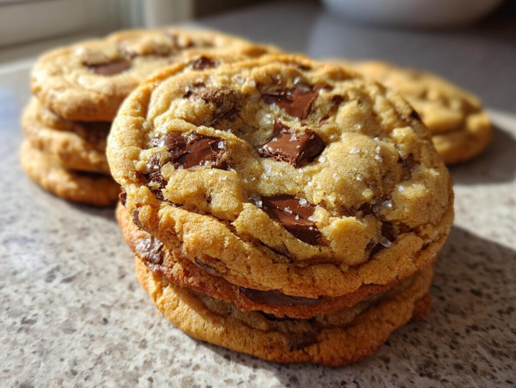 A stack of bakery fresh brown butter cookies, loaded with chocolate chunks and sprinkled with sea salt.