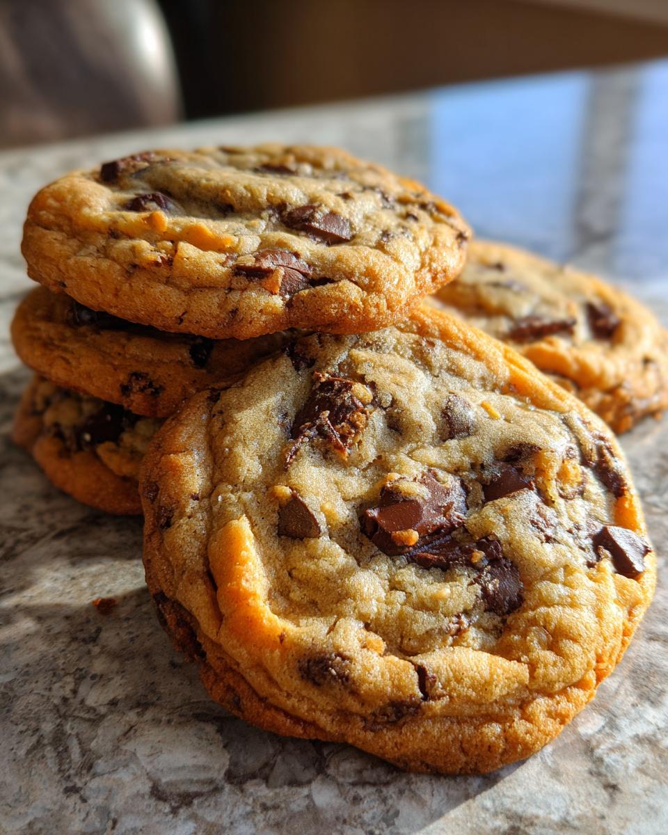 A stack of delicious bakery fresh brown butter cookies loaded with chocolate chips.