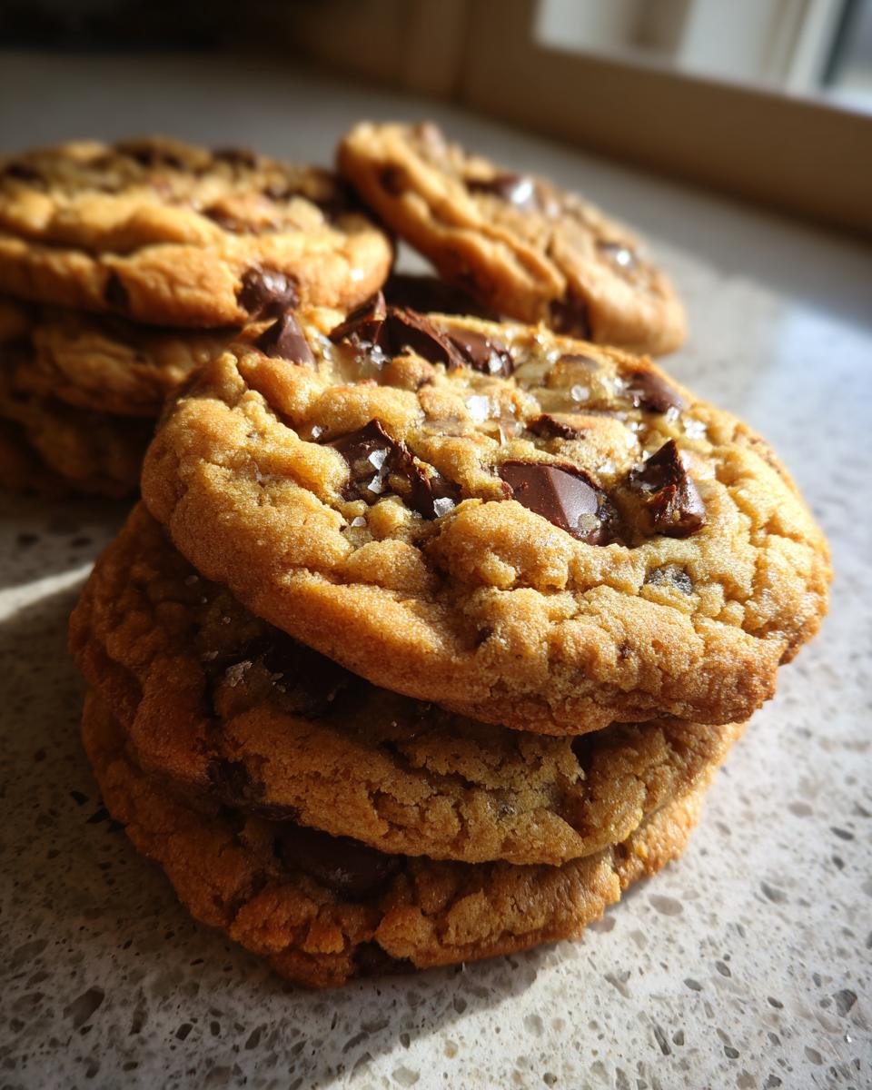 A stack of bakery fresh brown butter cookies, generously studded with chocolate chips and sprinkled with sea salt.