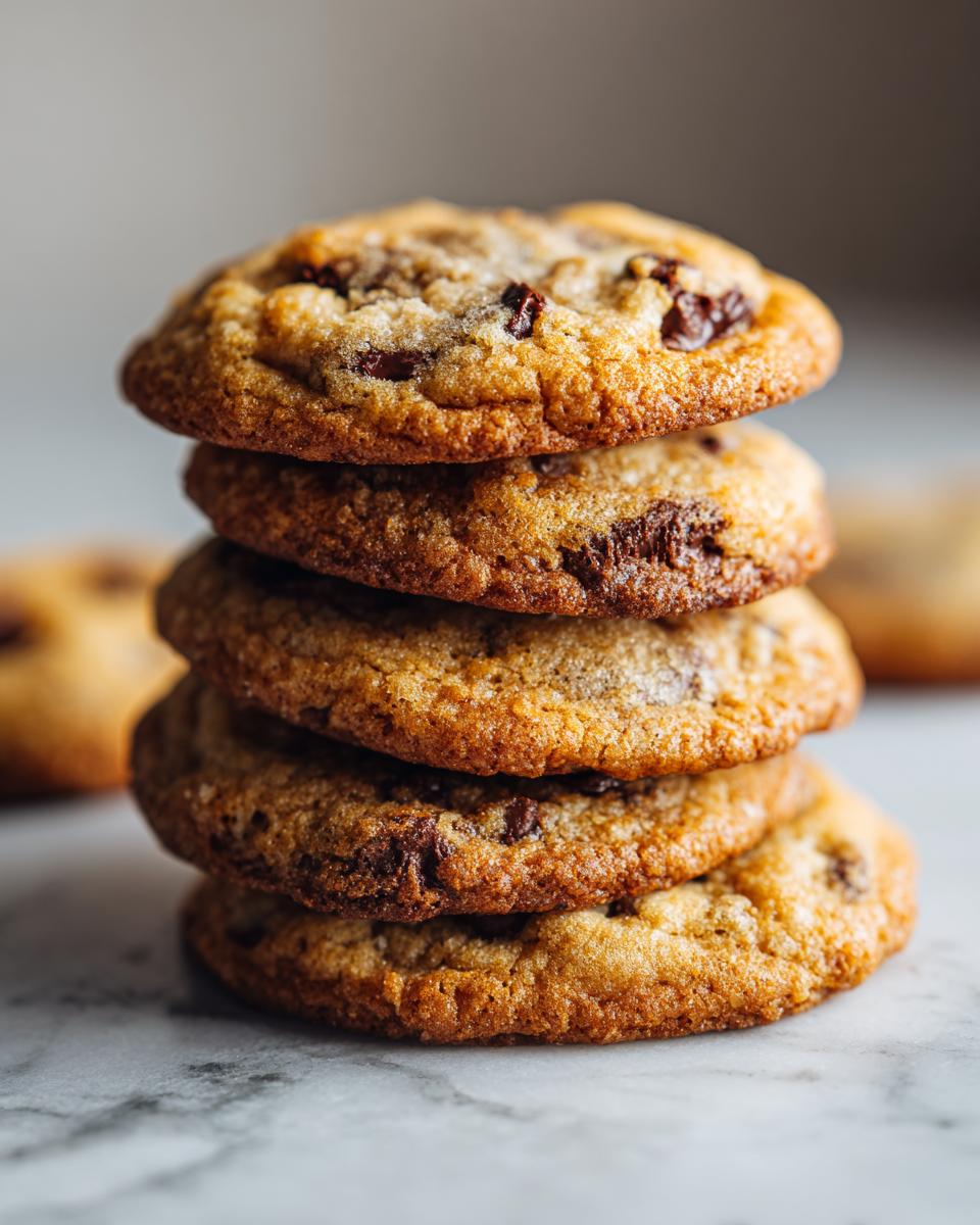 A stack of freshly baked brown butter cookies with chocolate chips, appearing bakery fresh.