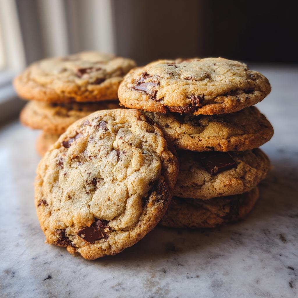 A stack of delicious bakery fresh brown butter cookies, loaded with chocolate chips.