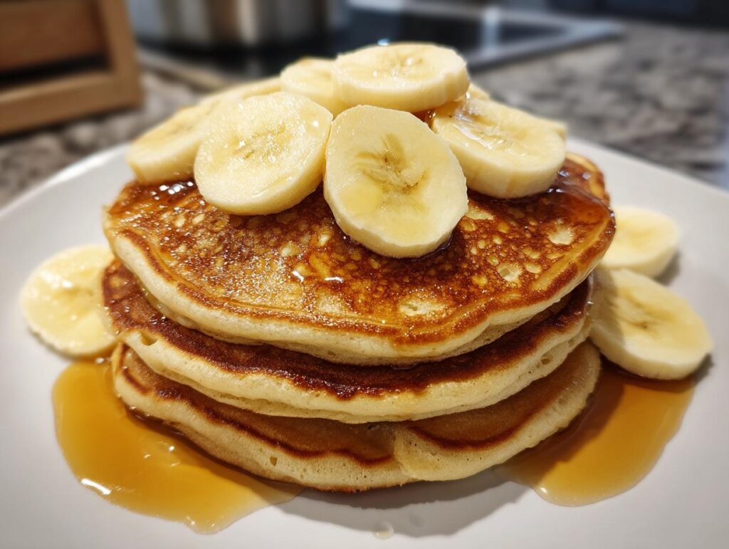 Stack of golden-brown banana oat pancakes topped with sliced bananas and drizzled with syrup.