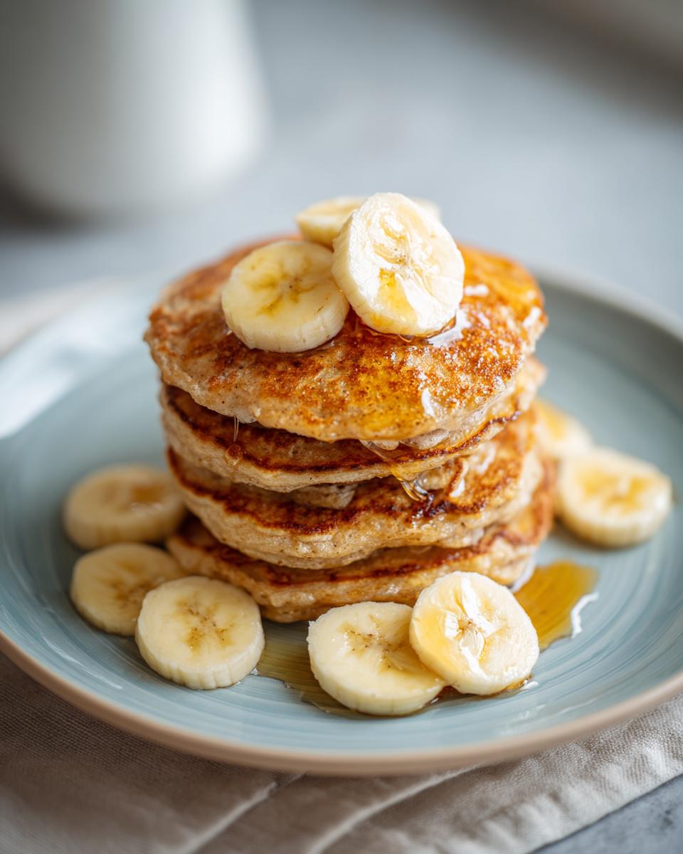 A stack of fluffy banana oat pancakes topped with sliced bananas and drizzled with syrup.