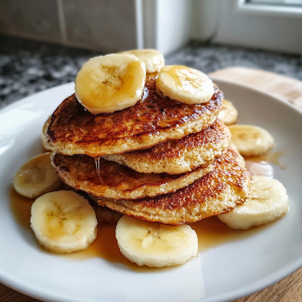 A stack of golden-brown banana oat pancakes topped with fresh banana slices and drizzled with syrup.