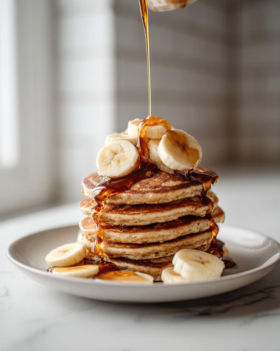 A tall stack of golden-brown banana oat pancakes, topped with sliced bananas and drizzled generously with syrup.