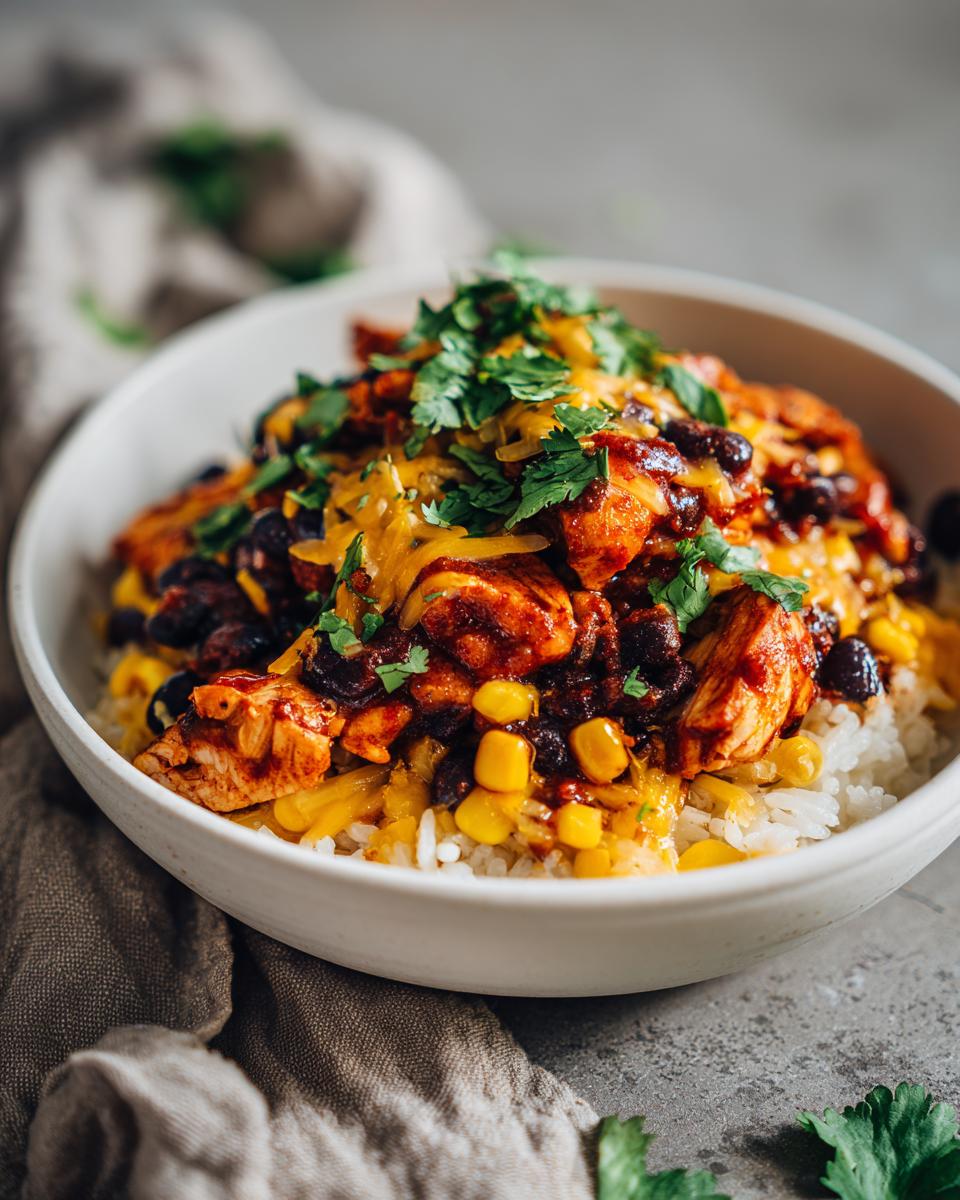 A close-up of a BBQ chicken bowl with rice, black beans, corn, shredded cheese, and fresh cilantro.