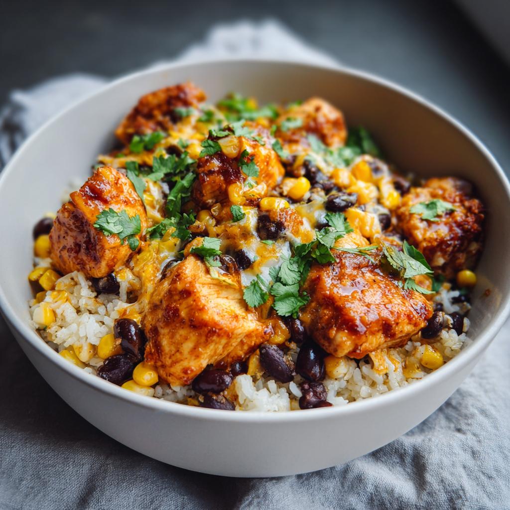 A close-up of a delicious BBQ Chicken Bowl with rice, black beans, corn, melted cheese, and cilantro.