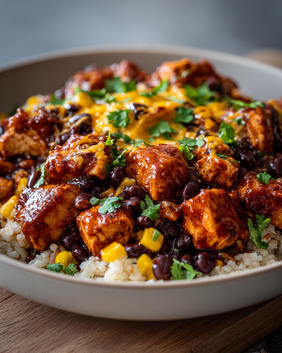 Close-up of a BBQ Chicken Bowl with rice, black beans, corn, melted cheese, and cilantro.