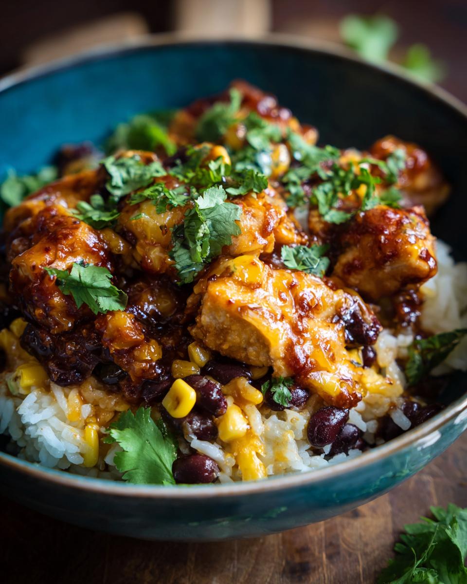 Close-up of a delicious BBQ chicken bowl with rice, black beans, corn, and cilantro, perfect for easy dinner recipes.
