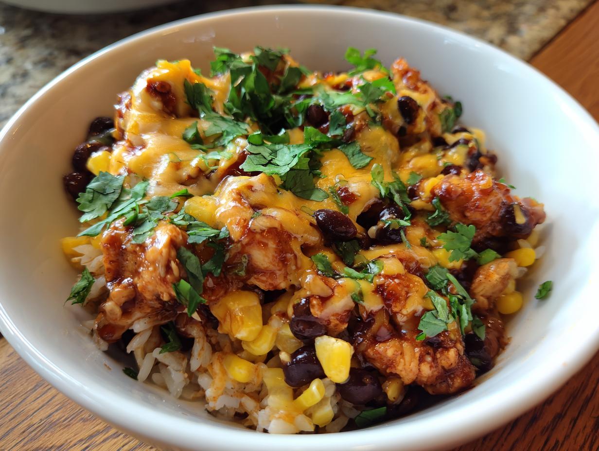 A close-up of a delicious BBQ chicken bowl with rice, black beans, corn, melted cheese, and cilantro.
