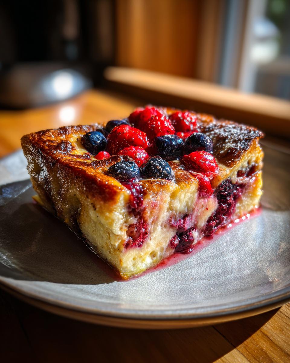 A slice of Berry French Toast Bake, topped with fresh raspberries and blueberries, perfect for weekend brunch.