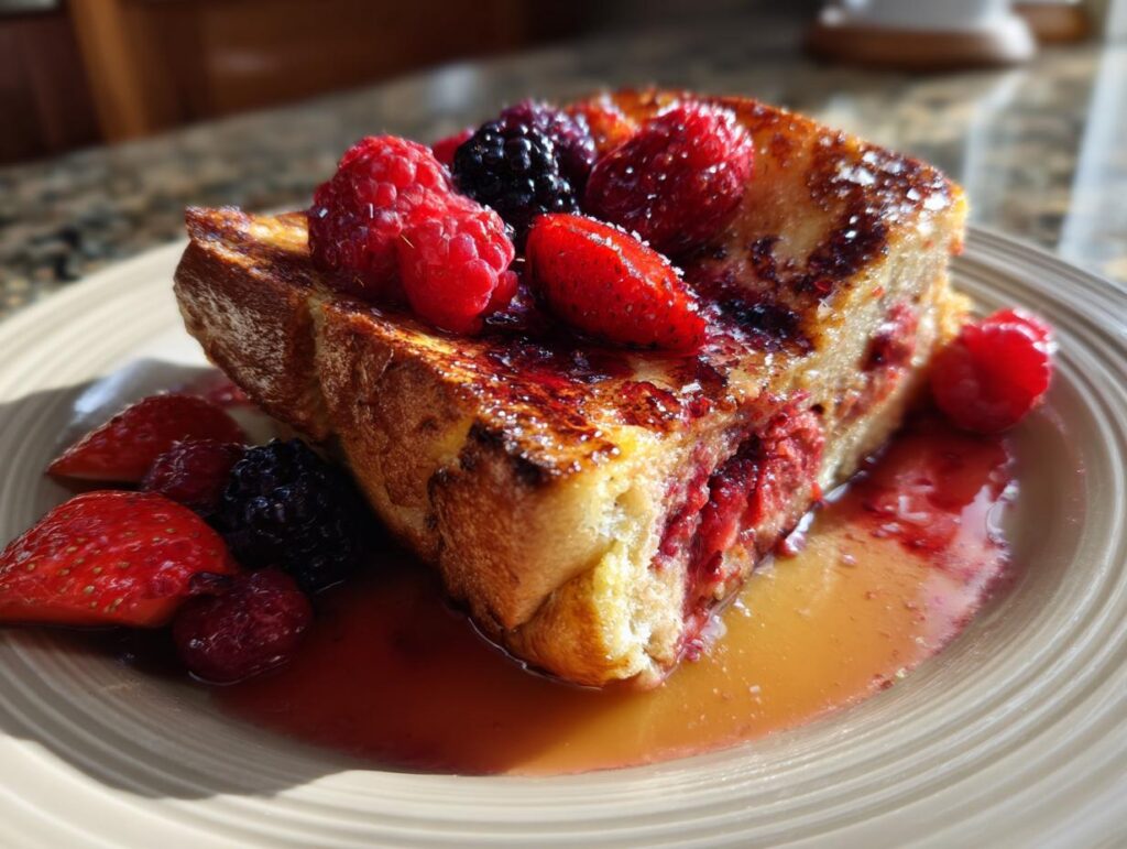 A delicious slice of Berry French Toast Bake, topped with fresh berries and syrup, perfect for weekend brunch.