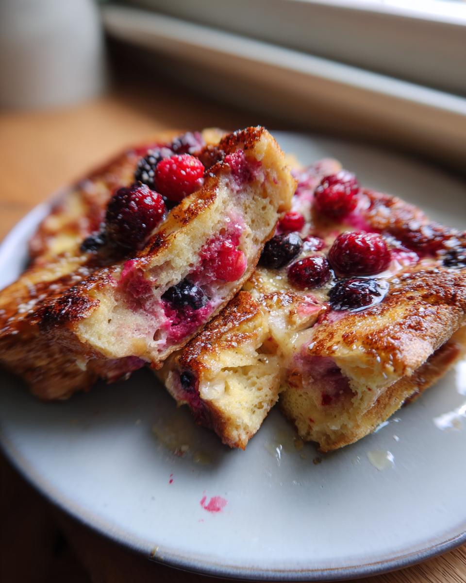 Close-up of Berry French Toast Bake slices, topped with fresh berries and powdered sugar, perfect for weekend brunch.