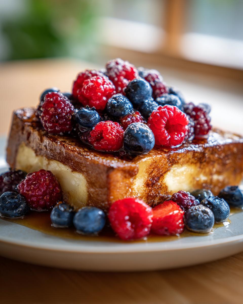 A thick slice of Berry French Toast Bake topped with fresh raspberries, blueberries, and powdered sugar.