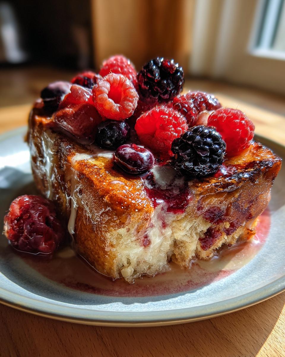 A slice of Berry French Toast Bake, topped with fresh raspberries, blackberries, and blueberries, drizzled with syrup.