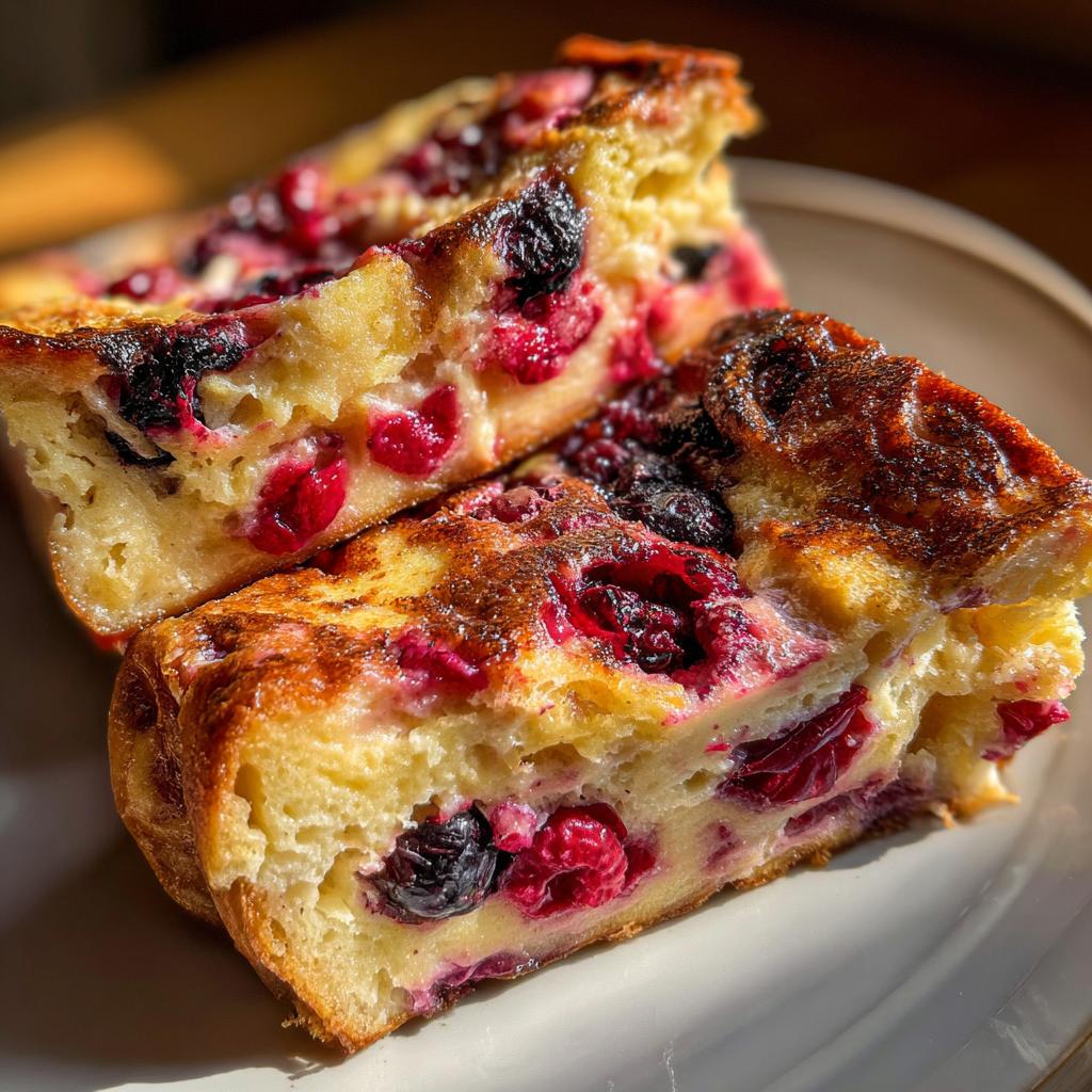 Close-up of two slices of Berry French Toast Bake, showcasing fresh berries and golden-brown crust.