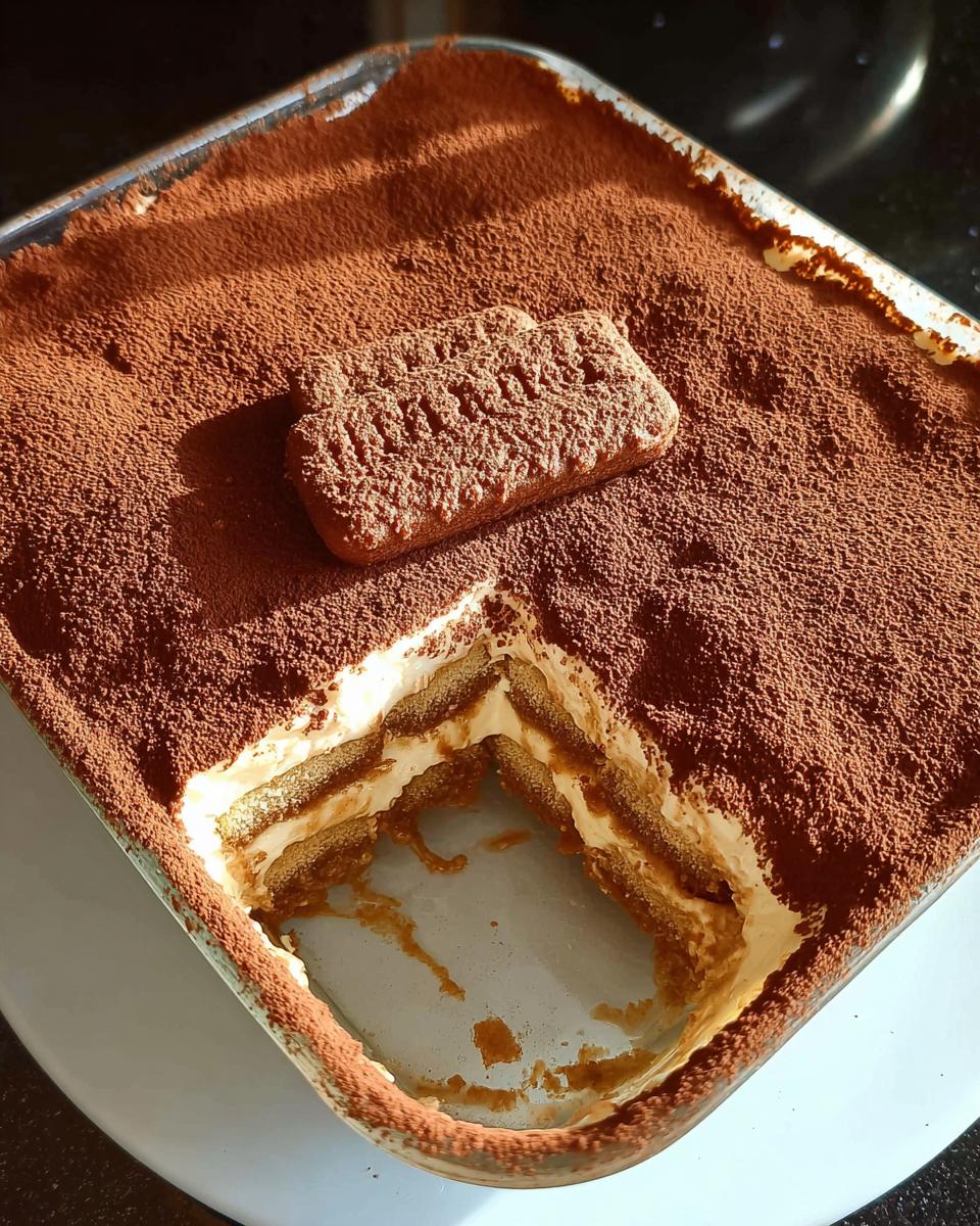 A square Biscoff Tiramisu in a glass dish, topped with cocoa powder and a Biscoff biscuit. A slice has been removed.