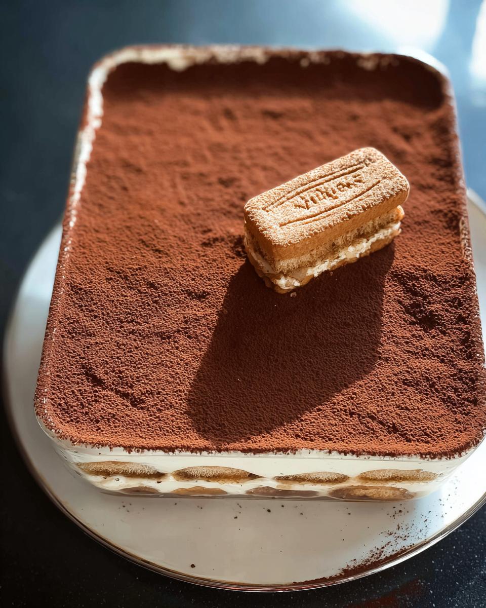 A rectangular Biscoff Tiramisu dessert dusted with cocoa powder, topped with a single Biscoff cookie.